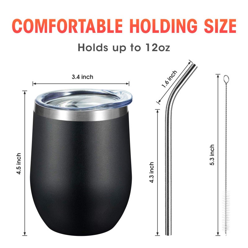 COMOOO 12oz Stainless Steel Wine Tumbler with Lid and Straw, Double Wall Vacuum Insulated Wine Tumbler Cup for Hot and Cold Drinks, Wine, Coffee, Champaign, Black, 4 Pack - Image 3